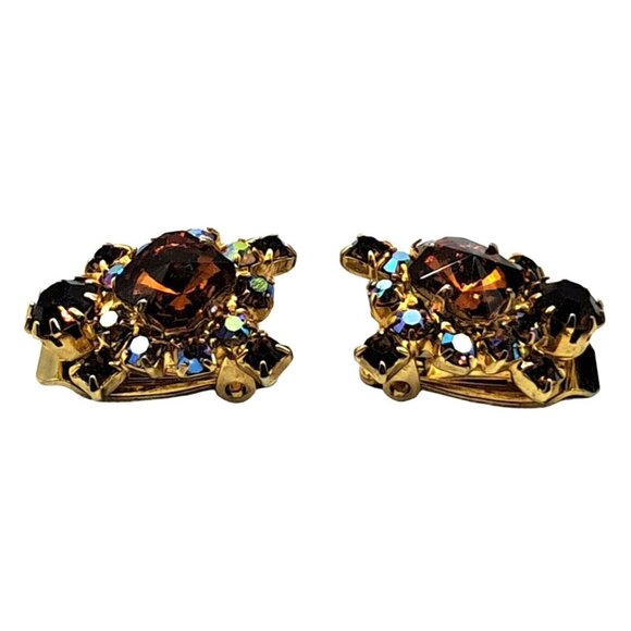 Vintage Rivoli Rhinestone Earrings Aurora Borealis Brown Clip Ons Costume Jewelr - Picture 8 of 11